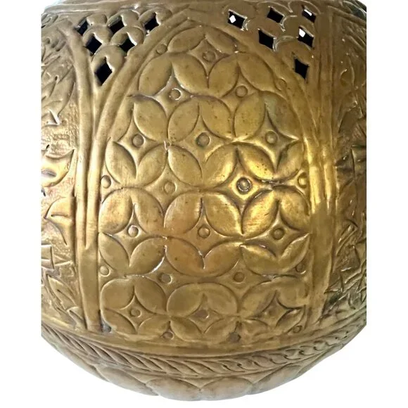 Vintage Large Brass Round Sphere Planter Floral Thistle Geometric Designs 11" - Picture 10 of 11